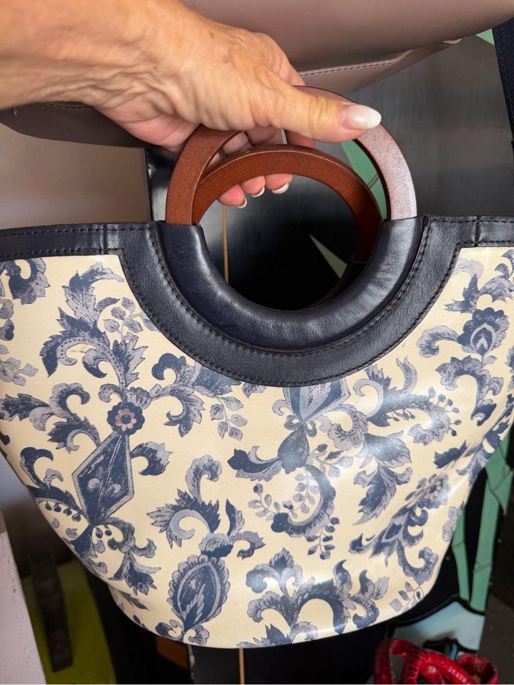 Patricia Nash Navy Floral Tote with Brown Wooden Handles